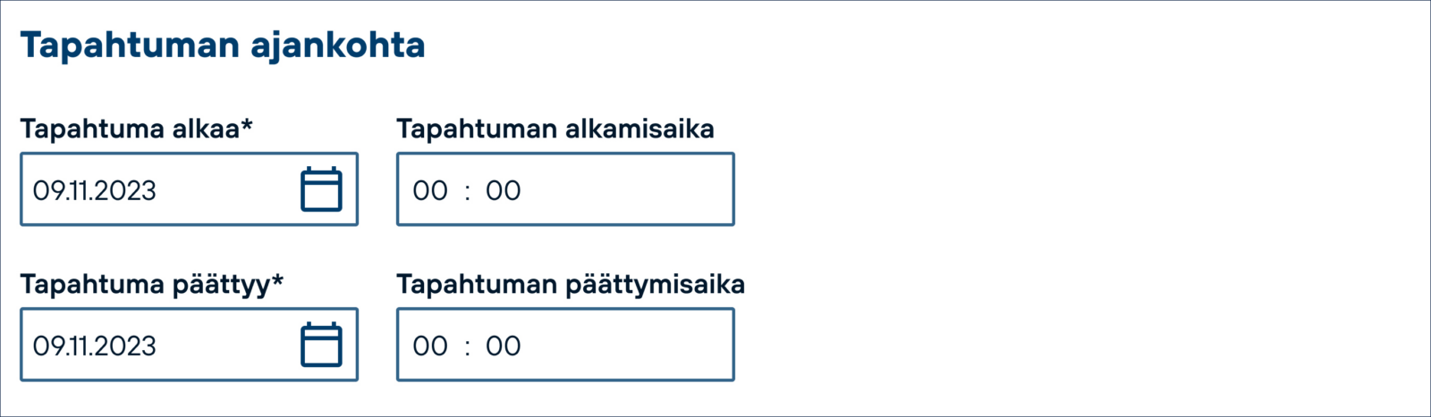 Tapahtuman lisäyslomake; Tapahtuman ajankohta.