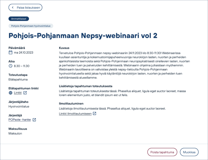 Tapahtuman tarkastelunäkymä. Tapahtuman voi poistaa painamalla “Poista tapahtuma” -painiketta.